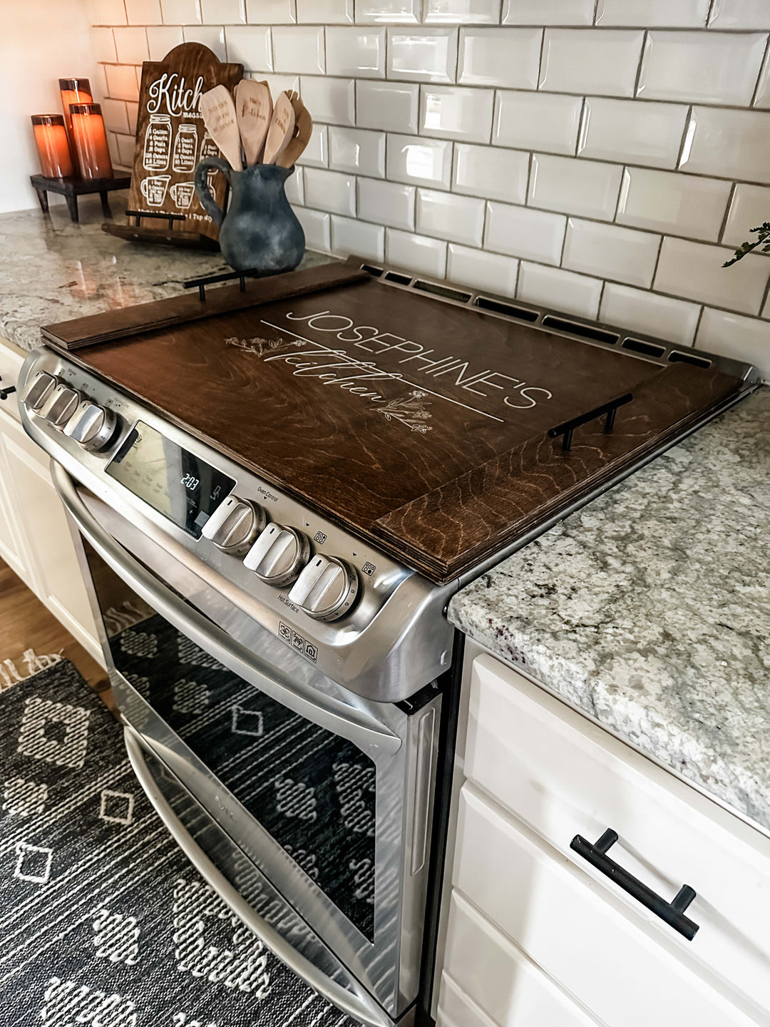 Personalized stove cover, warm brown + soft white "Josephine&