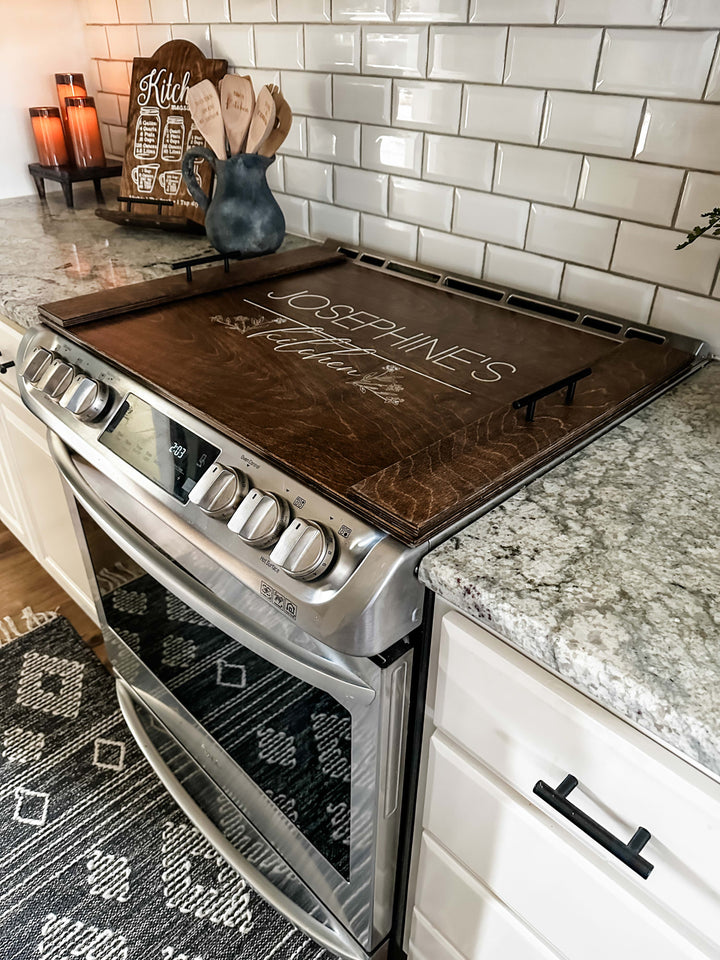 Personalized stove cover, warm brown + soft white "Josephine&