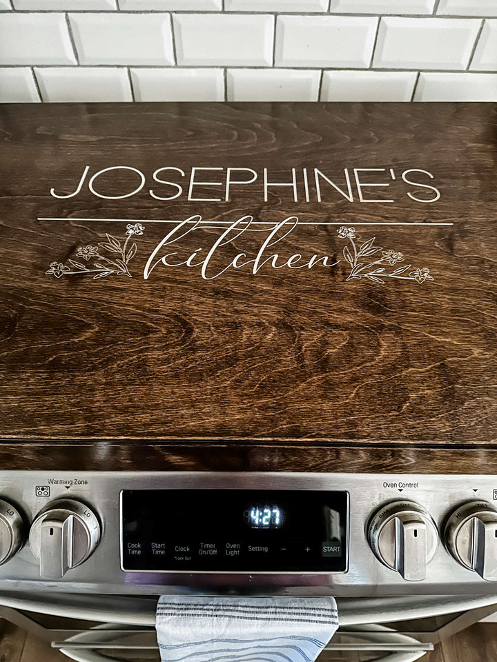 Personalized stove cover, warm brown + soft white "Josephine&
