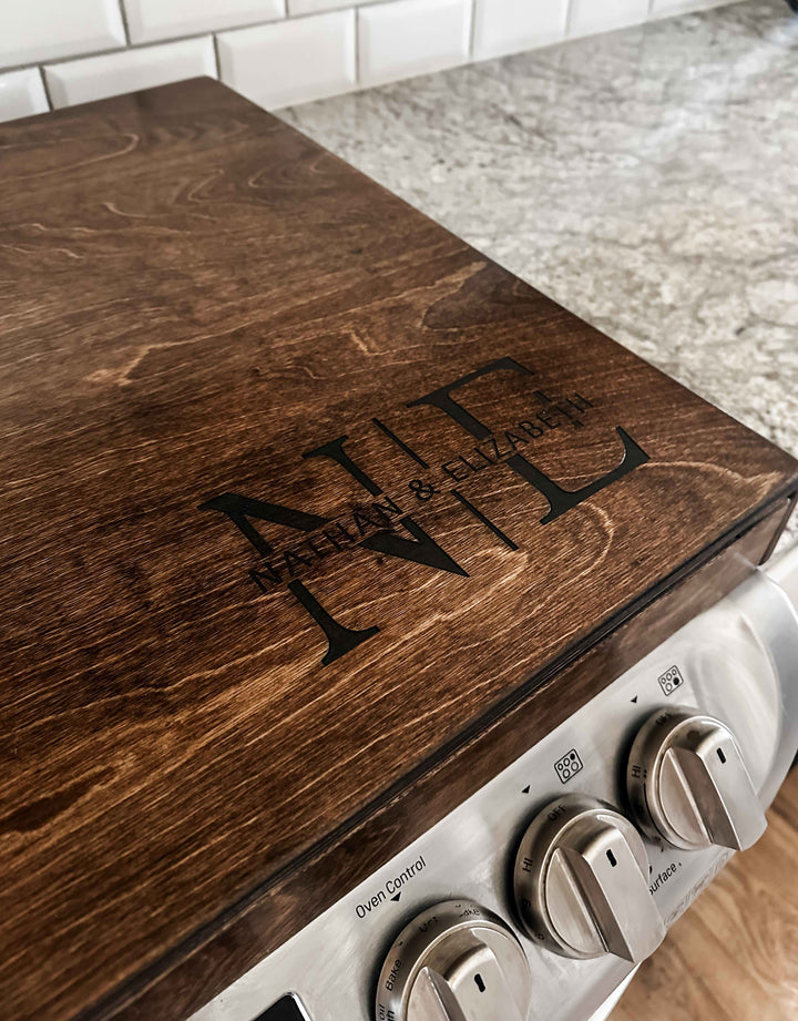 Initials monogram stove cover in warm brown