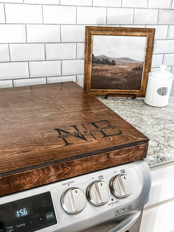 Initials monogram stove cover in warm brown