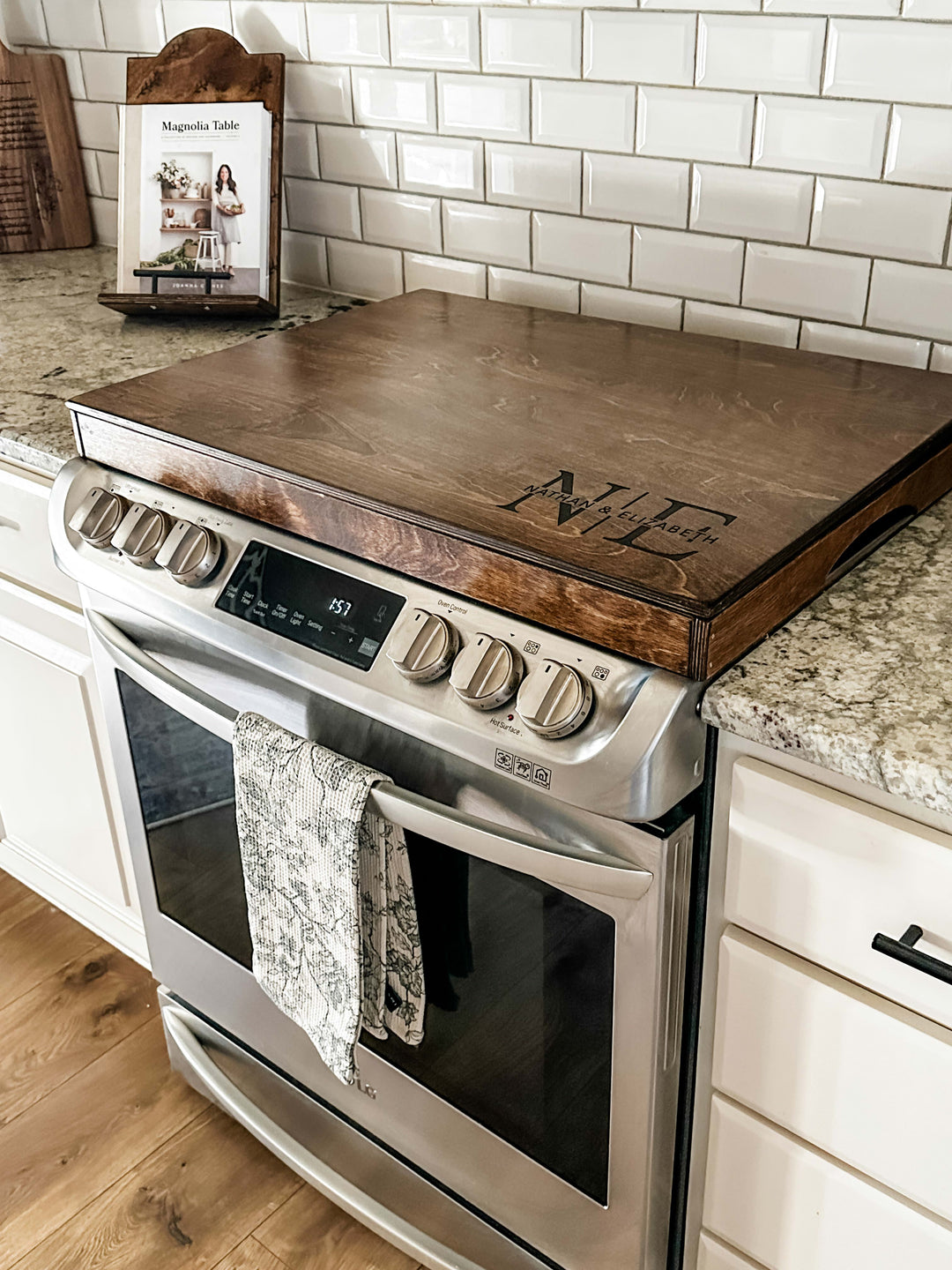 Initials monogram stove cover in warm brown