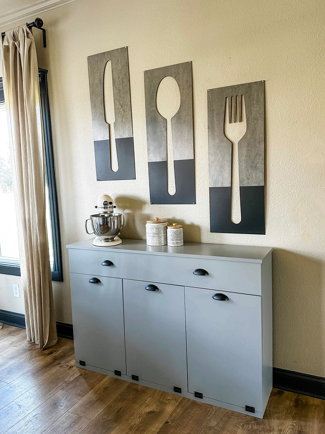 Heather gray + charcoal fork, spoon, and knife wood wall decor set