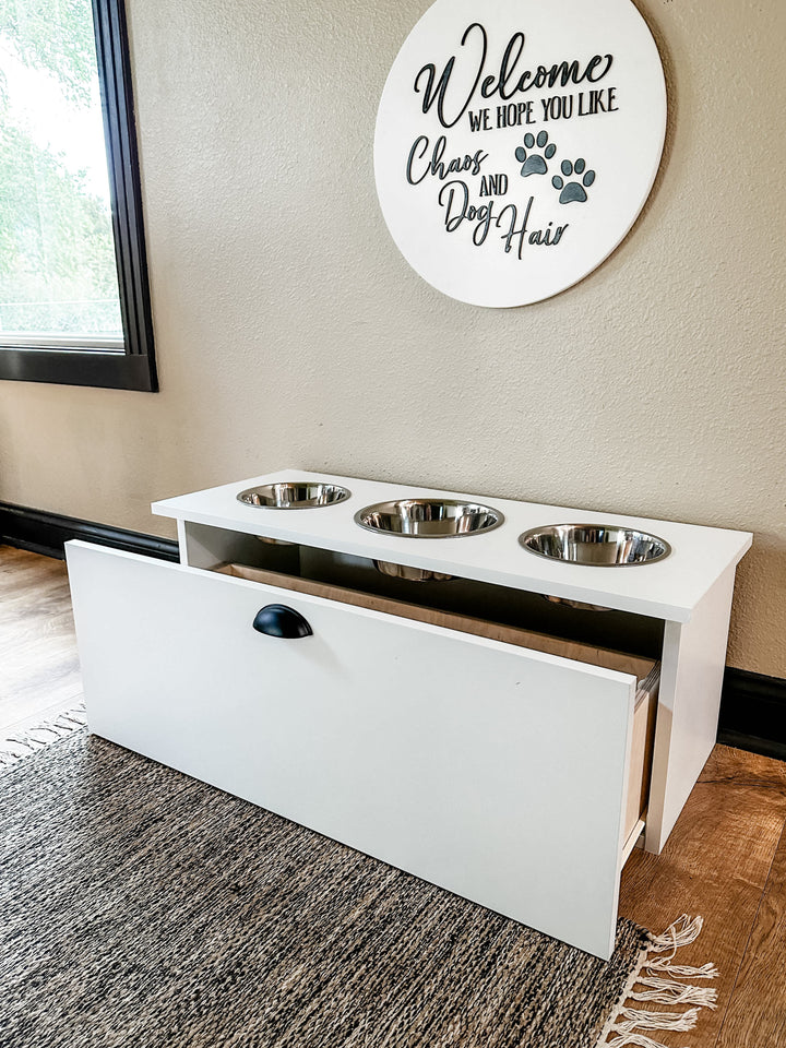 3 bowl elevated pet feeder with storage drawer
