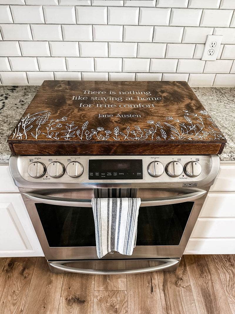 Jane austen stove cover with wildflowers, warm brown + white script