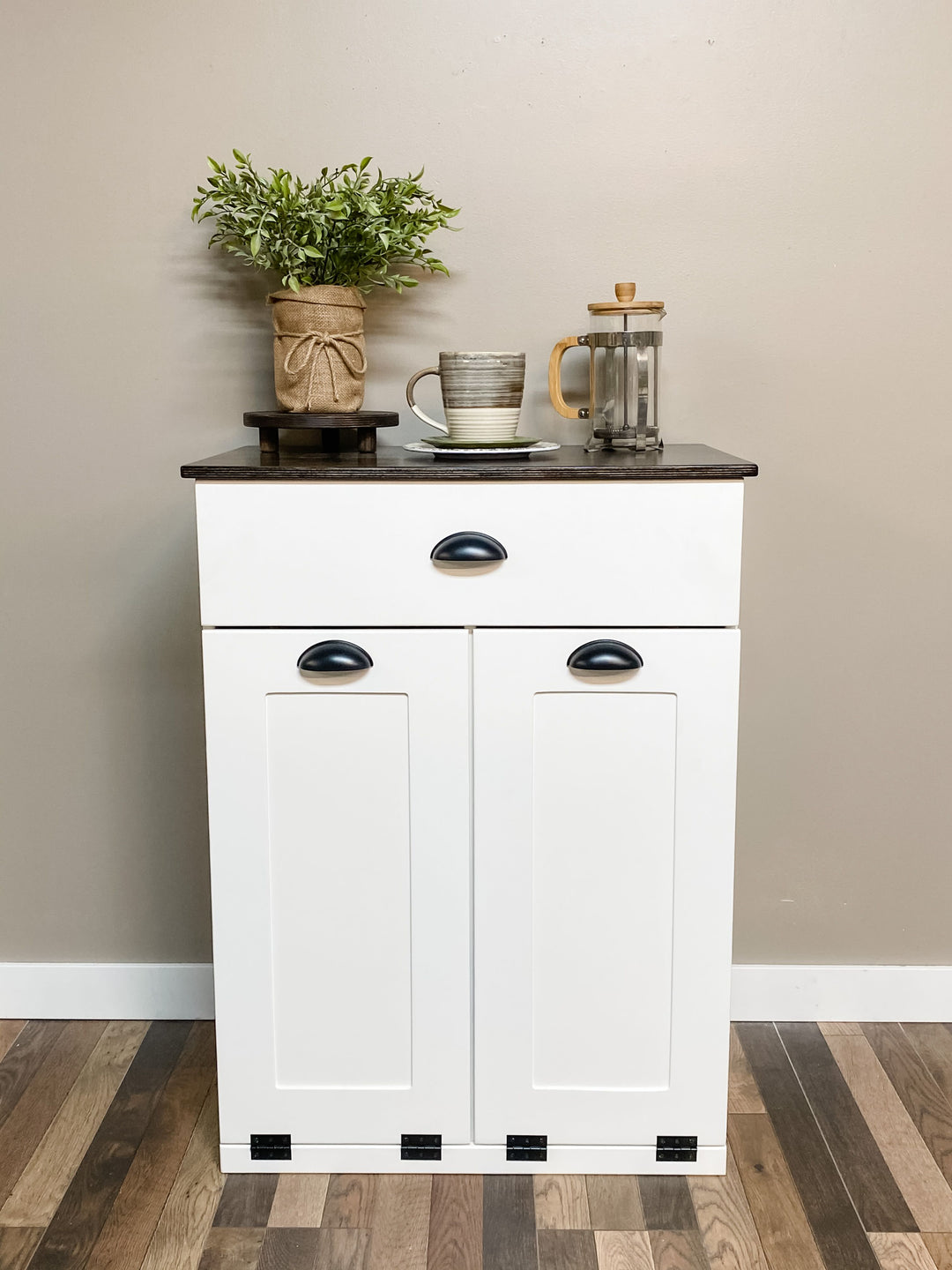 Narrow double cabinet to hide trash with a storage drawer in white