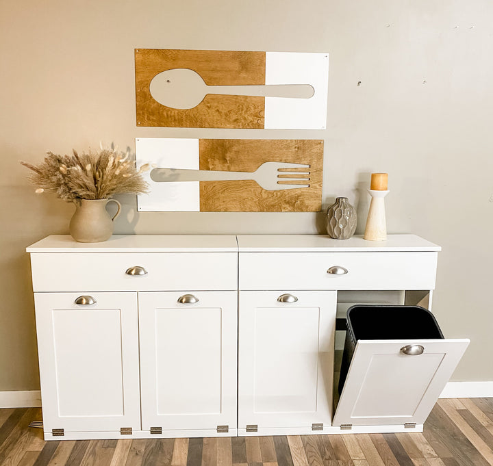 4 bin quad tilt out trash cabinet with a storage drawer in white