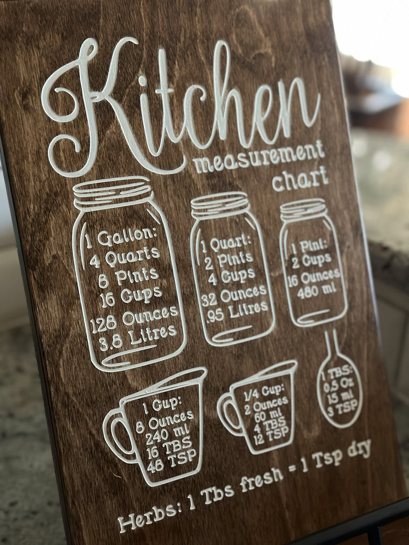 Kitchen conversion chart with painted inset style cookbook holder stained