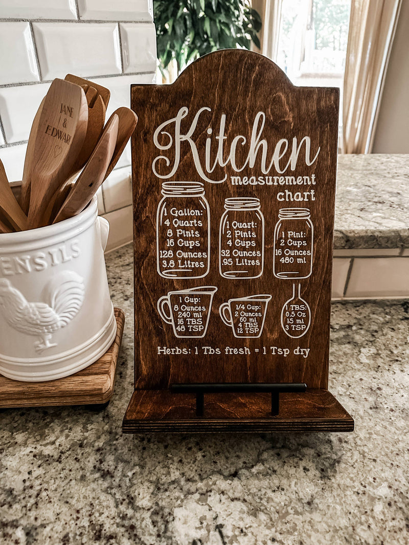 Kitchen conversion chart with painted inset style cookbook holder stained