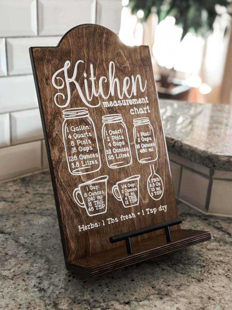 Kitchen conversion chart with painted inset style cookbook holder stained