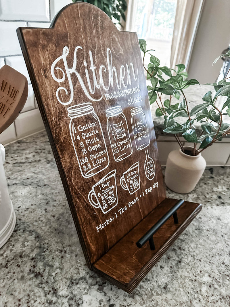 Kitchen conversion chart with painted inset style cookbook holder stained