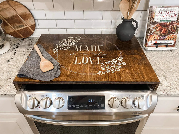 "Made with love" stove cover, warm brown + soft white