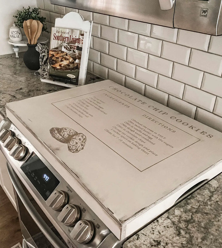 Chocolate chip cookie recipe stove cover, ivory distressed