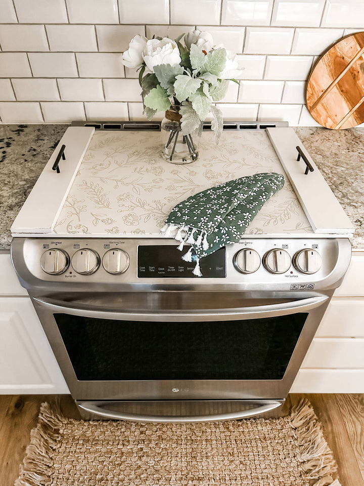 Engraved floral pattern stove cover, ivory distressed