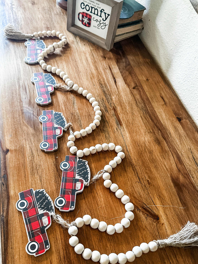 Wooden red buffalo check truck beaded garland set