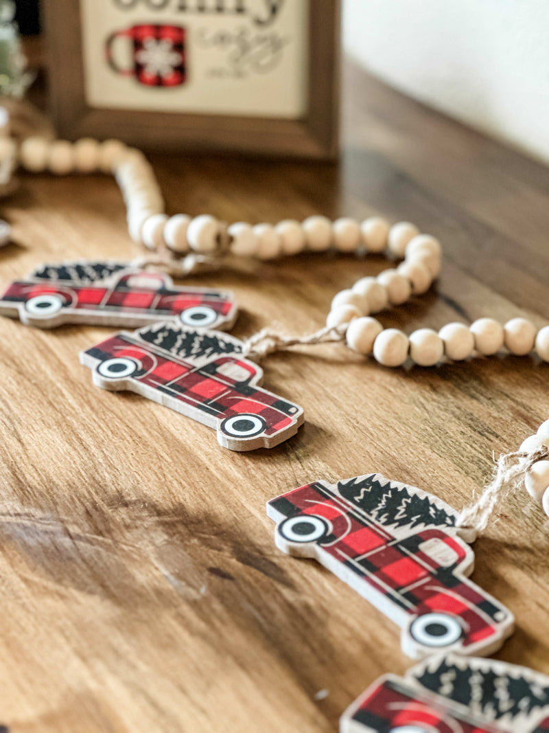 Wooden red buffalo check truck beaded garland set