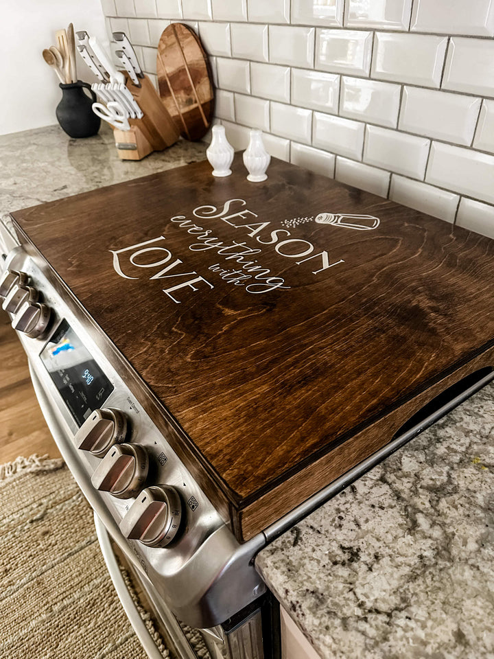 "Season everything with love" stove cover, warm brown + white script