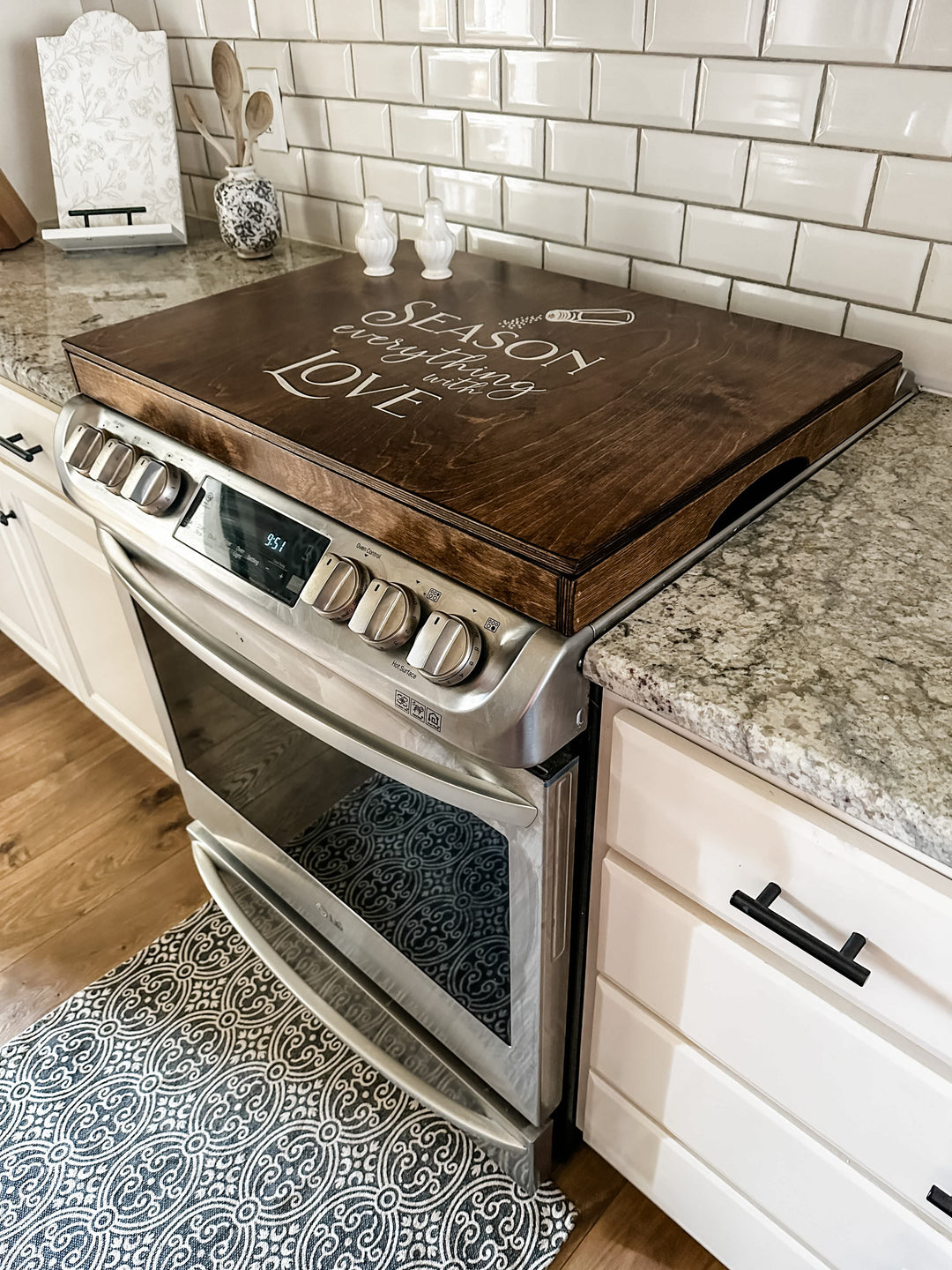 "Season everything with love" stove cover, warm brown + white script