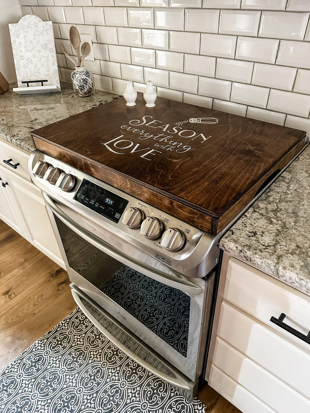 "Season everything with love" stove cover, warm brown + white script