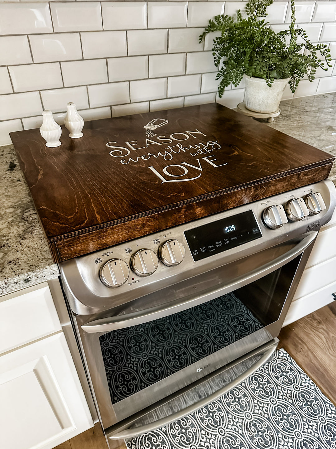"Season everything with love" stove cover, warm brown + white script