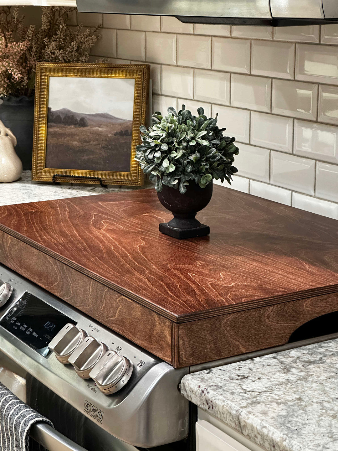 Clean and simple red oak stain color stove cover