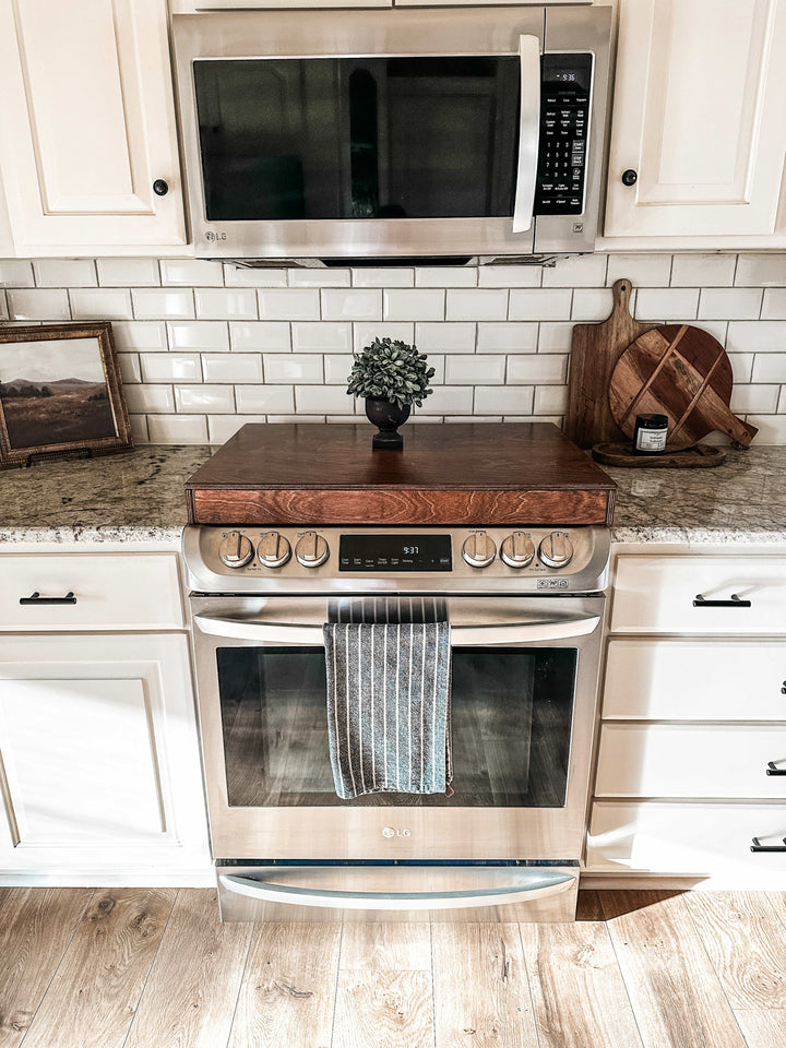 Clean and simple red oak stain color stove cover
