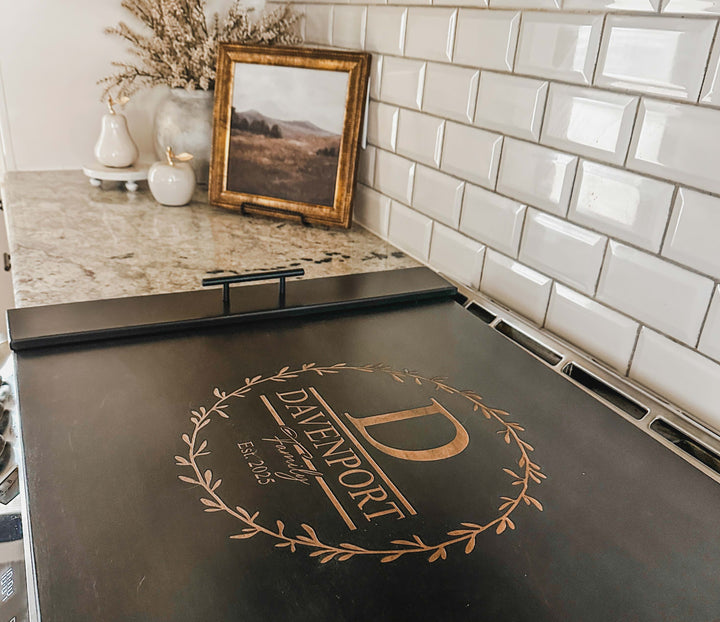 Personalized monogram stove cover, black + natural "Davenport"