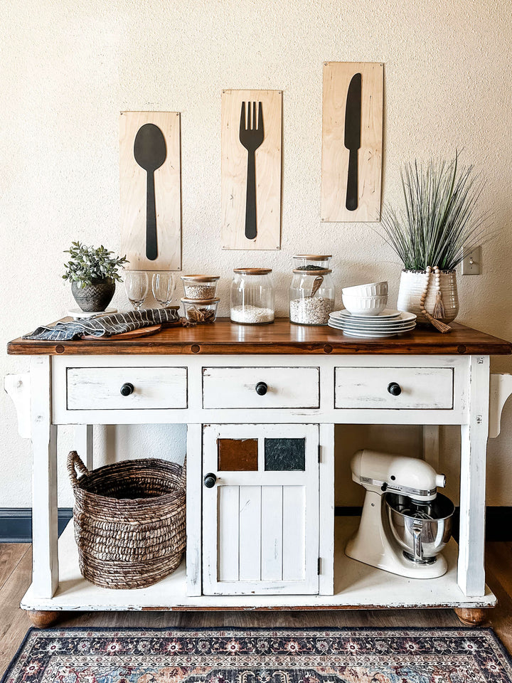 Fork, spoon, and knife set handmade of wood wall decor in dark charcoal with natural wood layered set