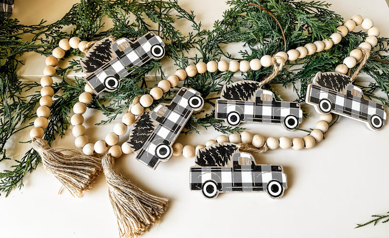 Farmhouse black plaid farm truck beaded garland