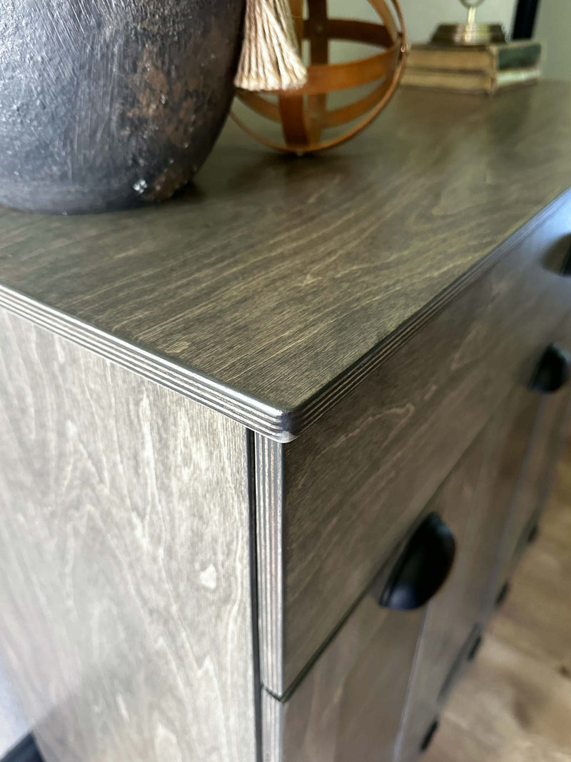Prescott trash with a storage drawer in aged barrel