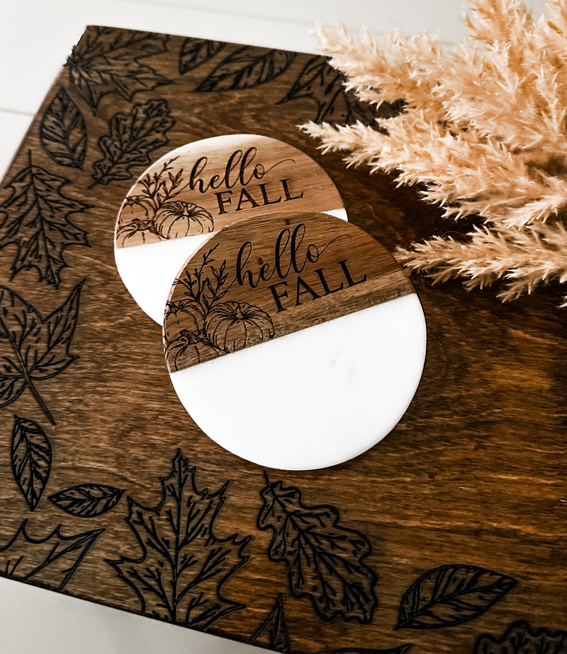 Sunflower + hello fall engraved wood + marble coaster set