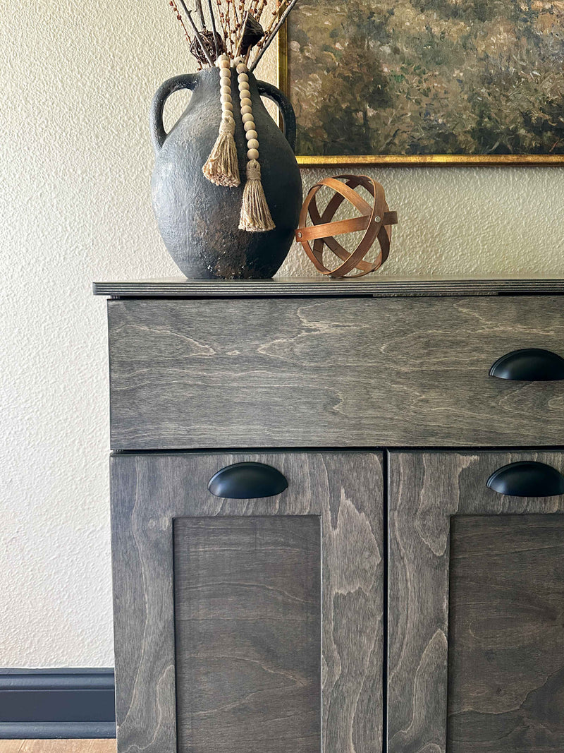 Prescott trash with a storage drawer in aged barrel