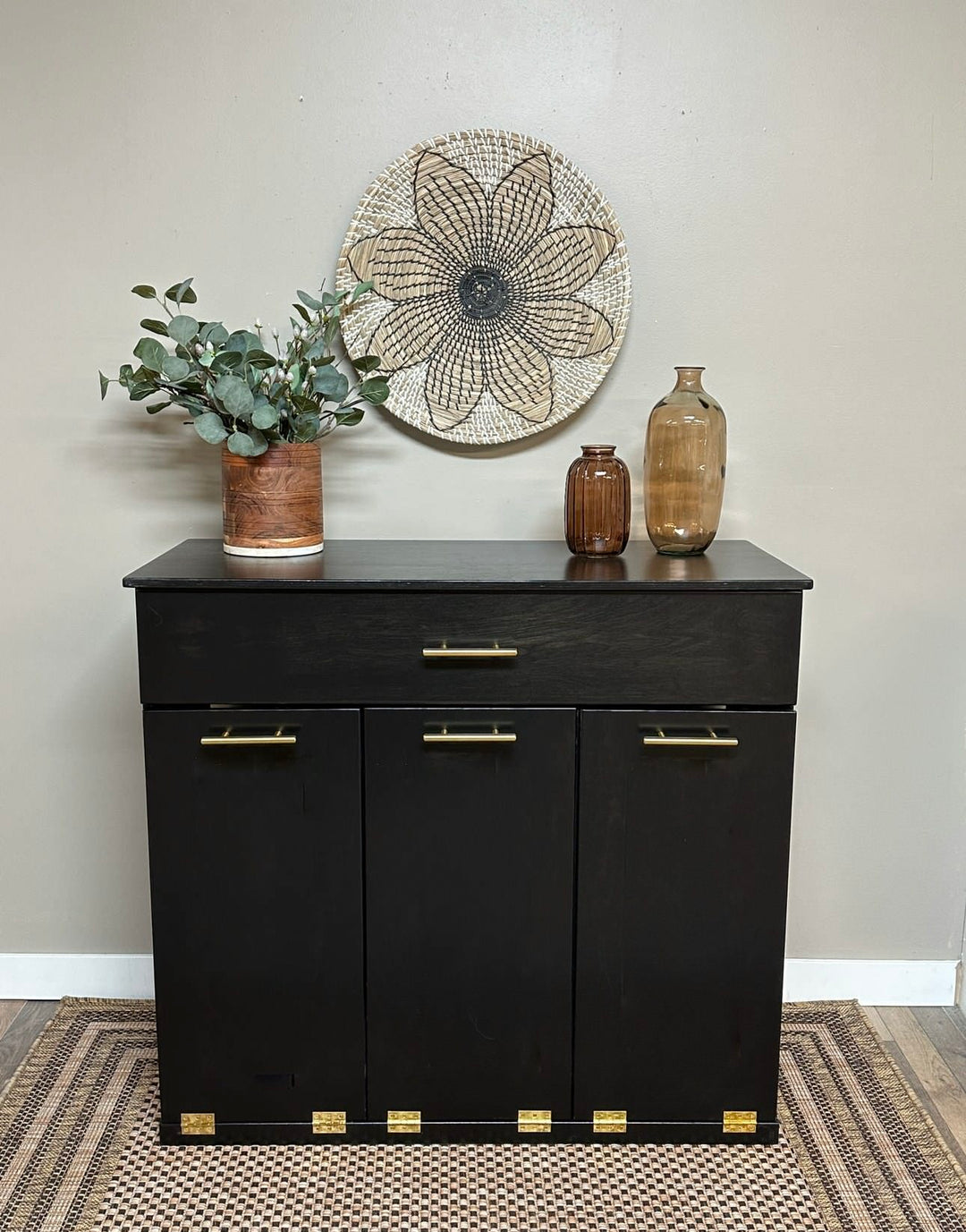 Free standing slim style triple trash cabinet in black