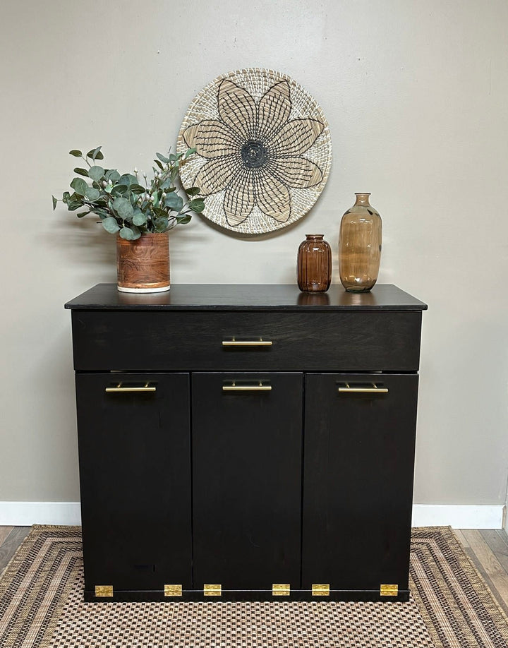 Free standing slim style triple trash cabinet in black