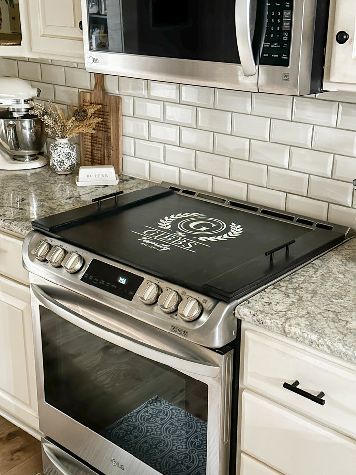 Personalized family name stove cover, Black - Gibbs