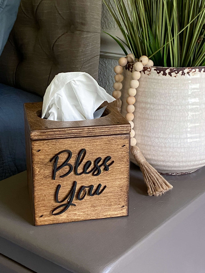 handmade wooden Bless You tissue cover warm brown