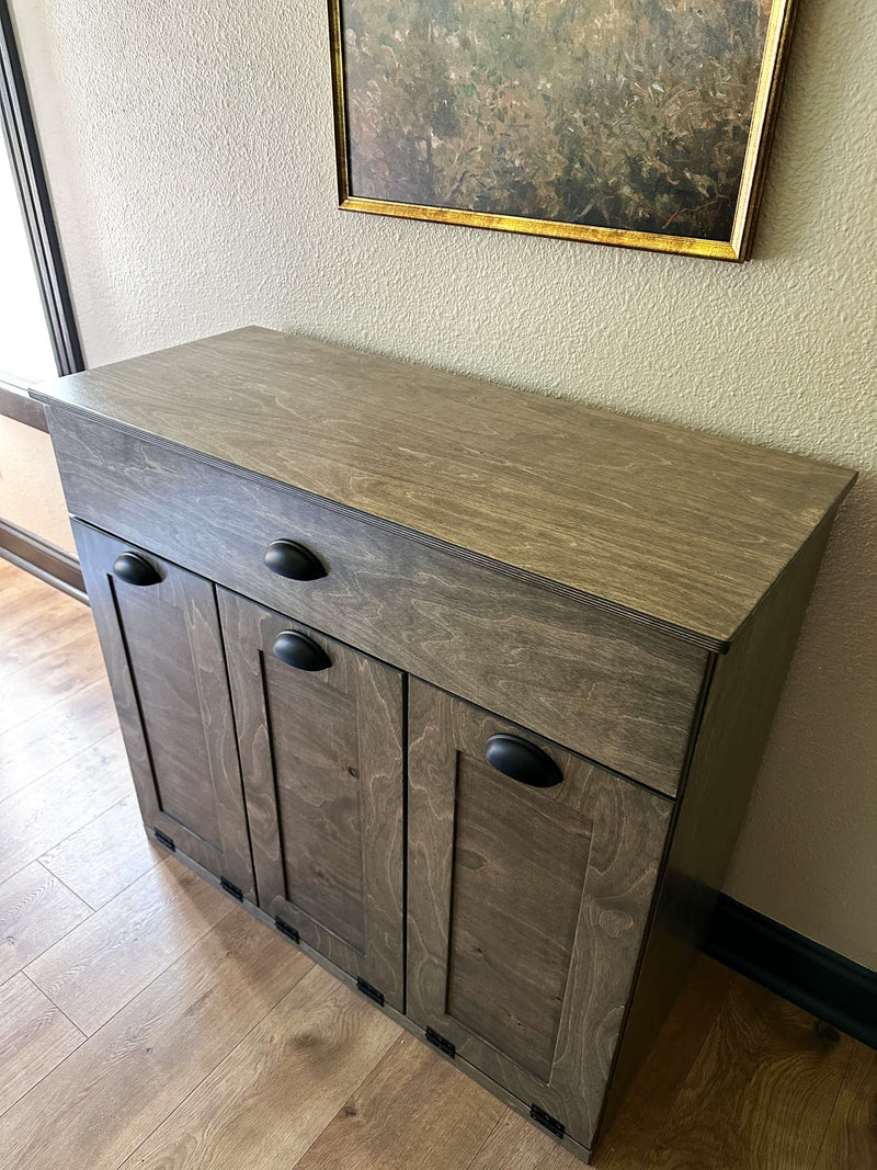 Prescott trash with a storage drawer in aged barrel