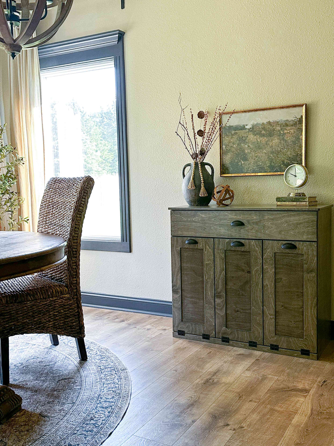 Slim style triple compartment trash cabinet