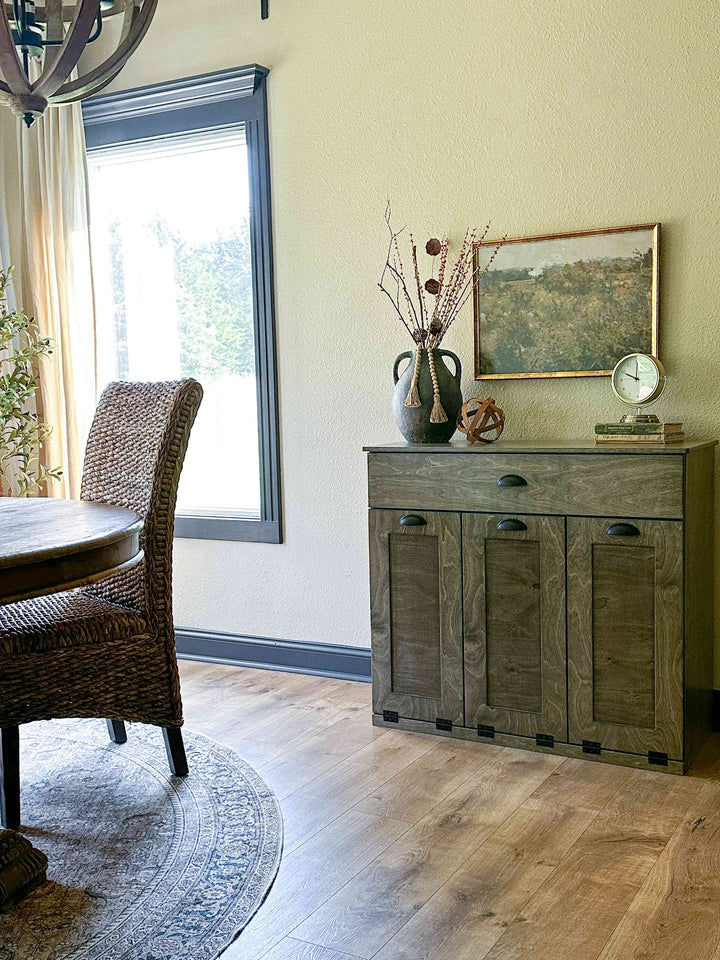 Slim style triple compartment trash cabinet