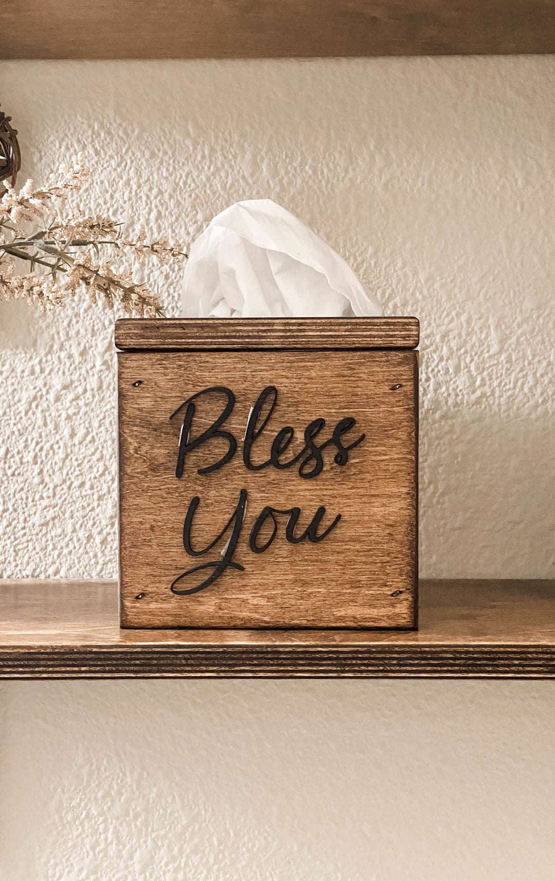 handmade wooden Bless You tissue cover warm brown