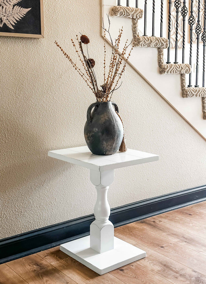 Rustic baluster farmhouse single leg side table ivory distressed