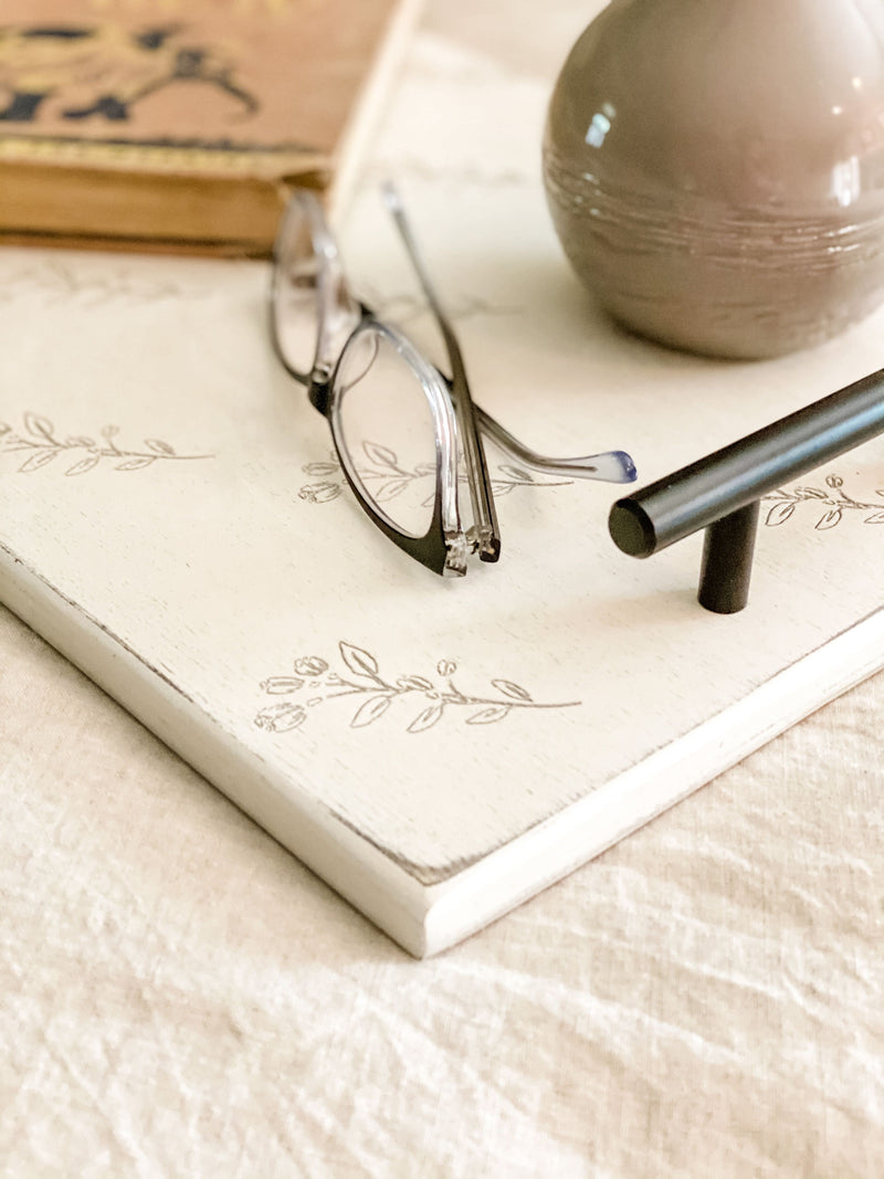 clearance cottage tray in white distressed finish with floral detail ~  ready to ship