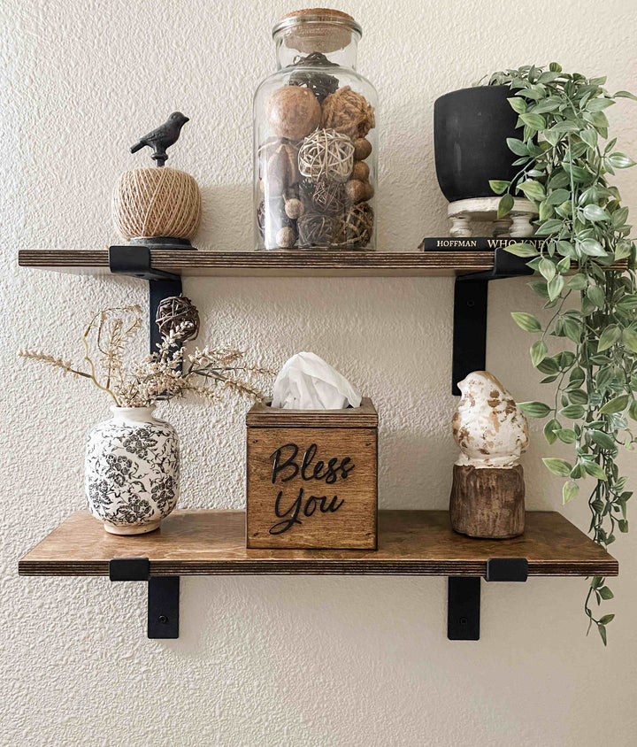 handmade wooden Bless You tissue cover warm brown