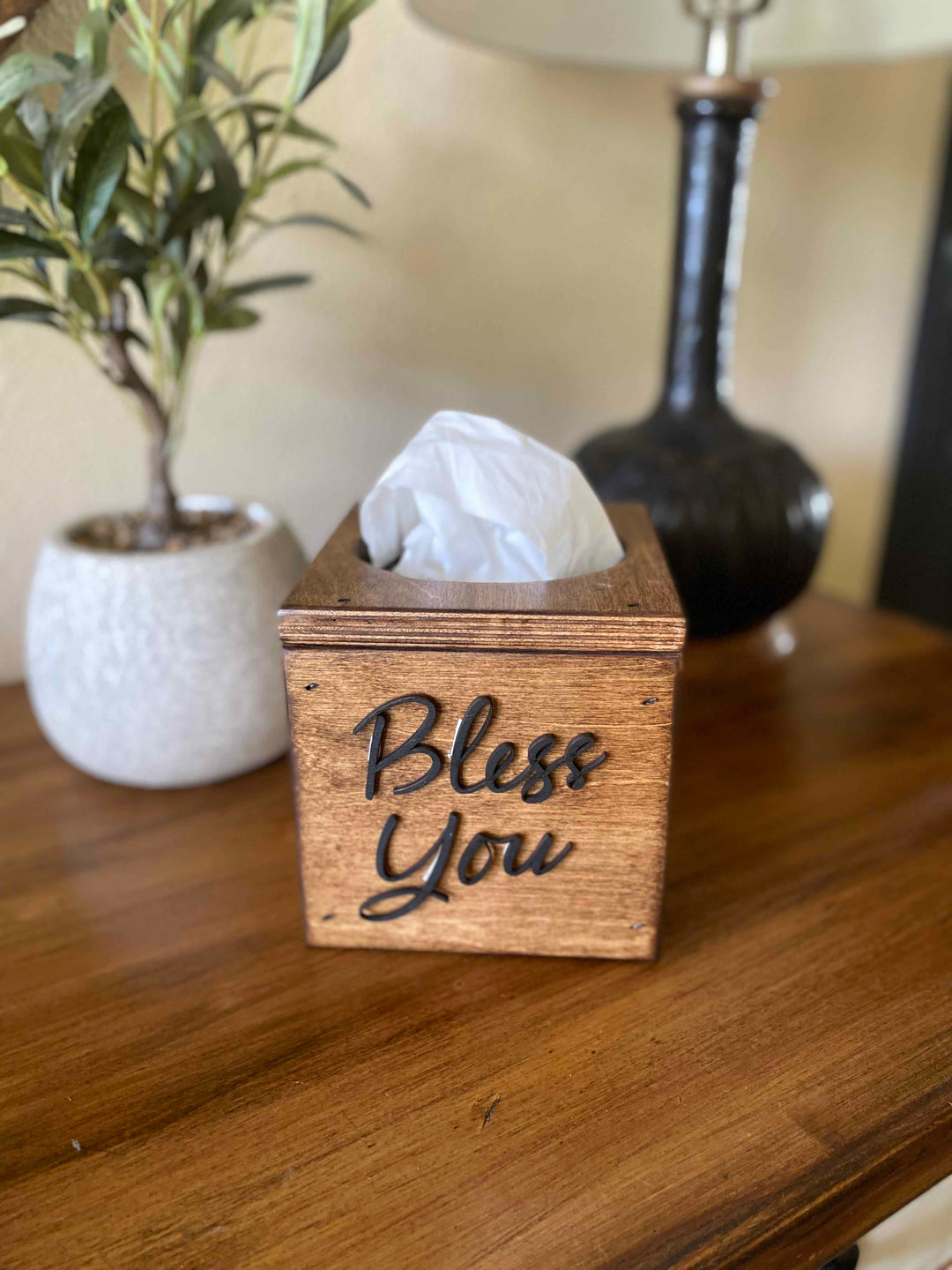 handmade wooden Bless You tissue cover warm brown