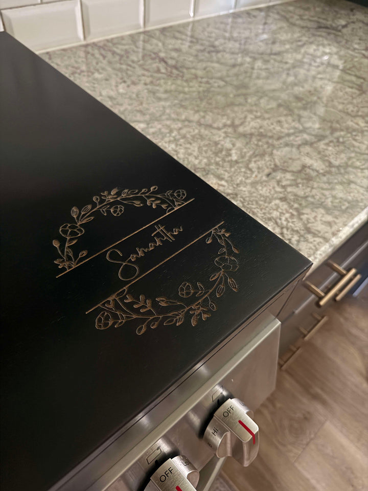 Personalized monogram stove cover, black + natural "Samantha"