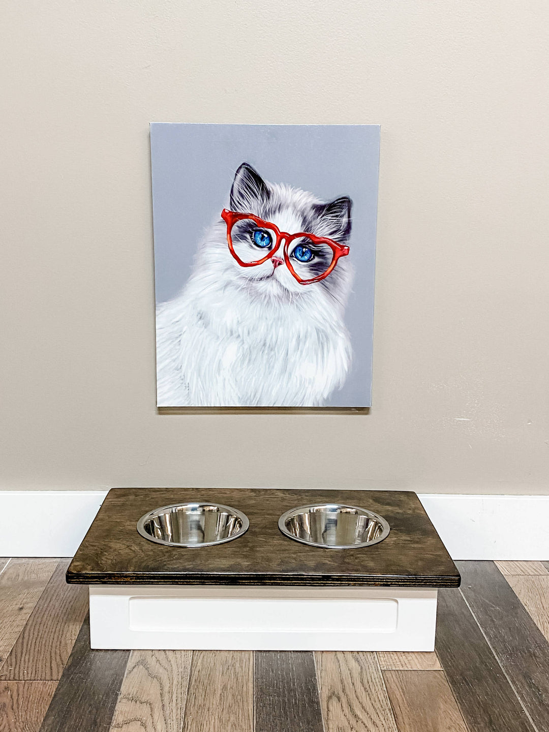Two bowl small size elevated pet feeder in white with an dark brown stain top