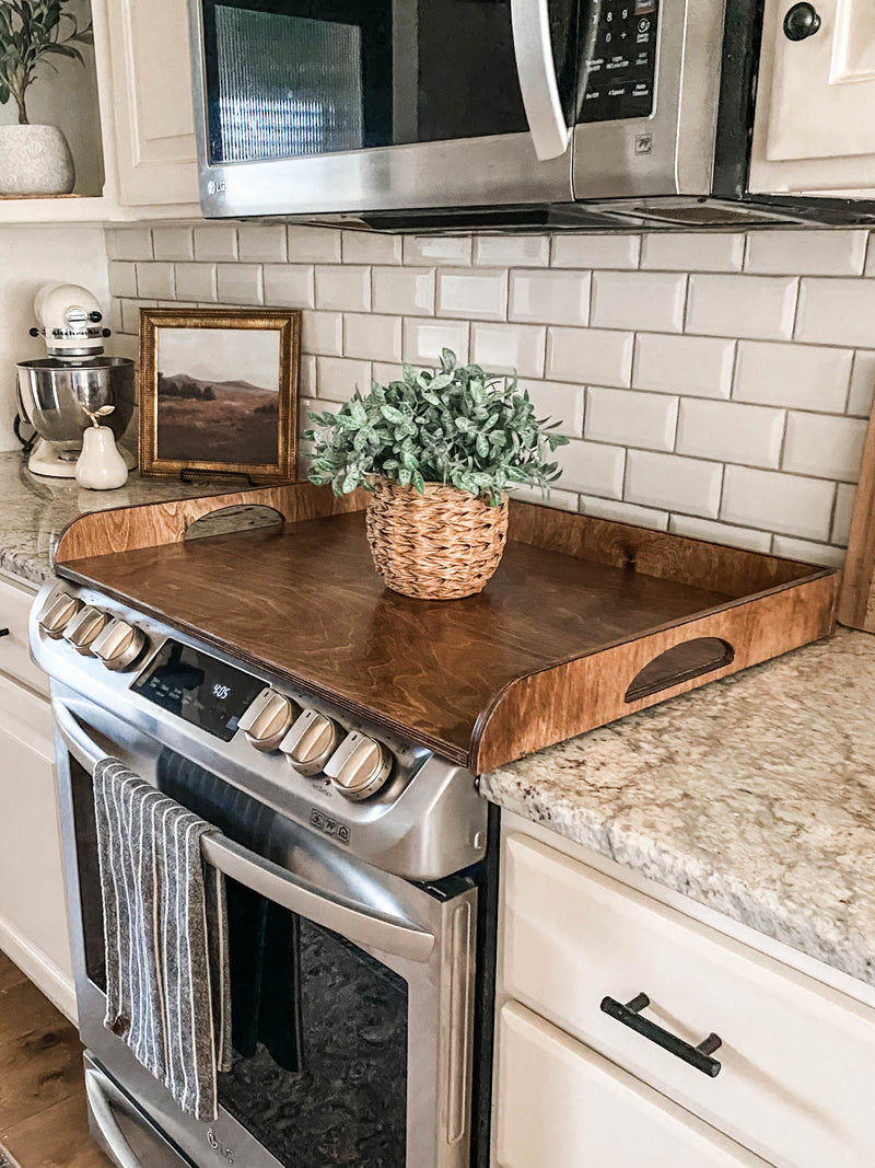 Clean and simple warm brown stove cover with raised edge