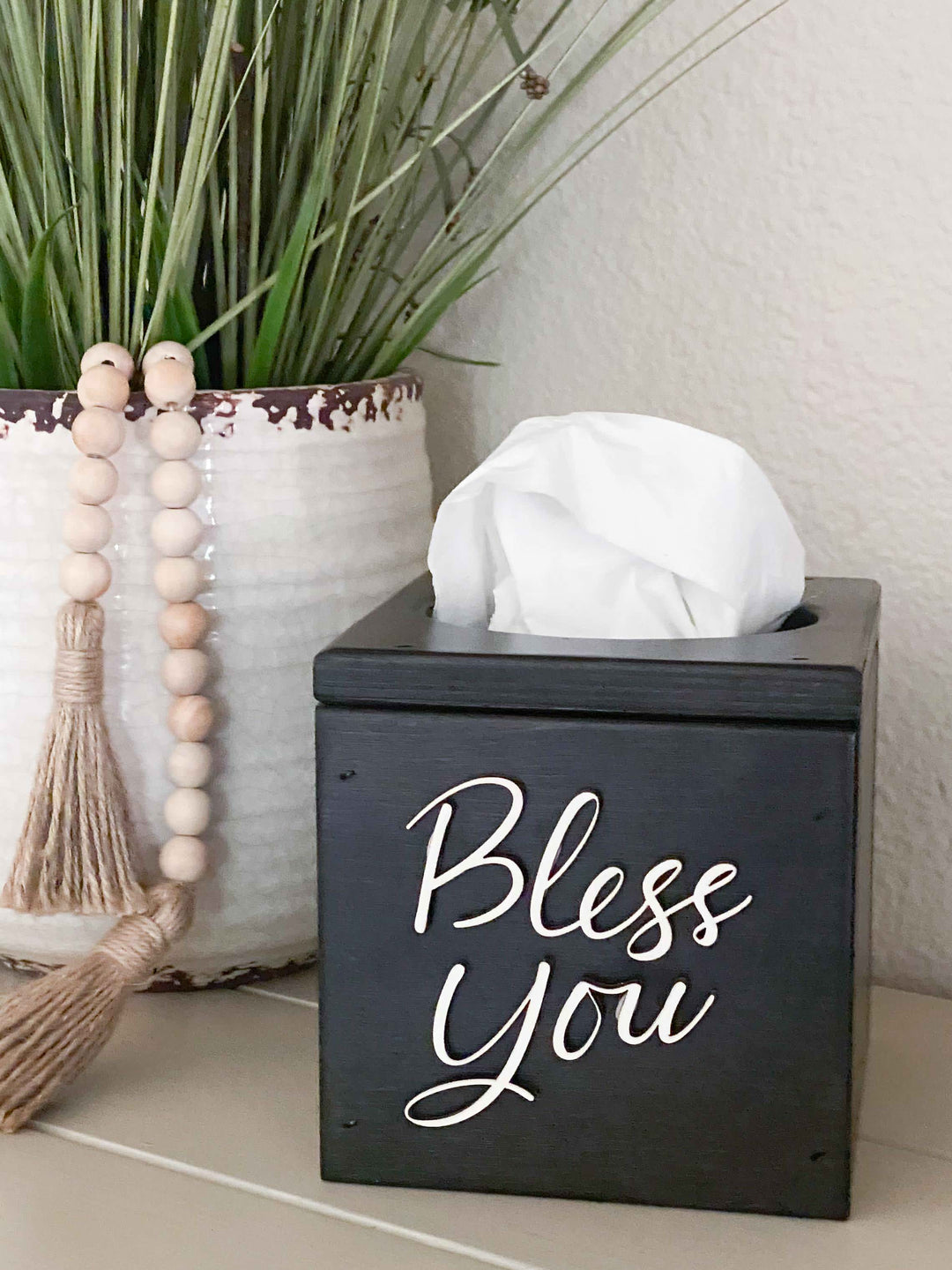 handmade wooden Bless You tissue cover black