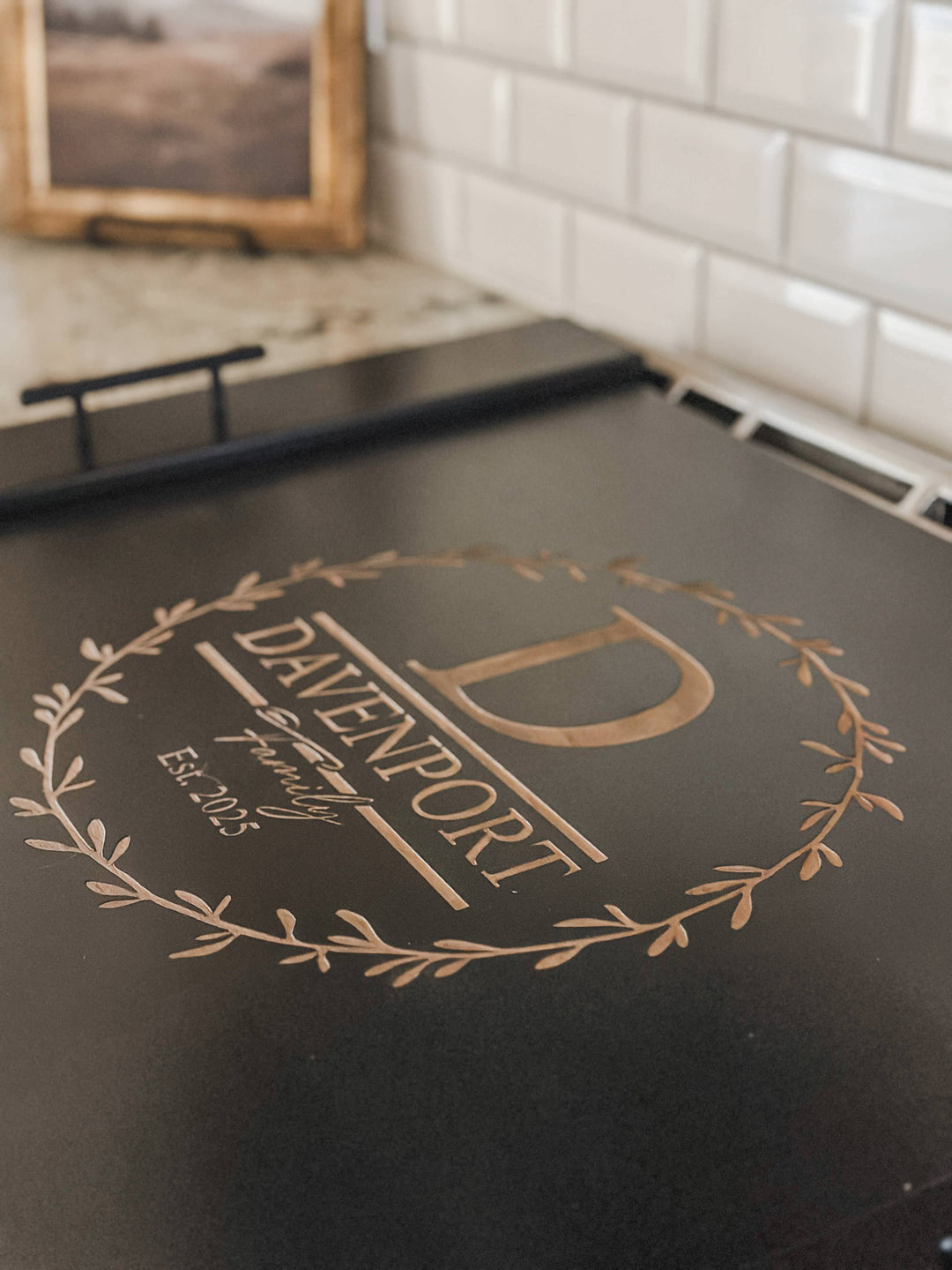 Personalized monogram stove cover, black + natural "Davenport"