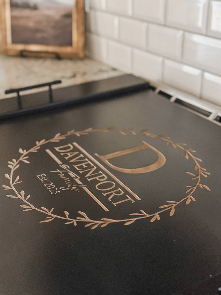 Personalized monogram stove cover, black + natural "Davenport"